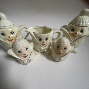 1950's Anthropomorphic Corn Cob Family Tea Creamer Sugar Salt Pepper Set